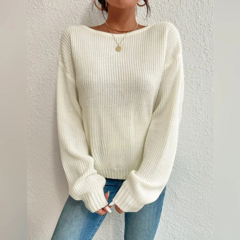 Casual Pearls, Twist, Backless, Beaded Drop Shoulder Sweater - Picture 3 of 6